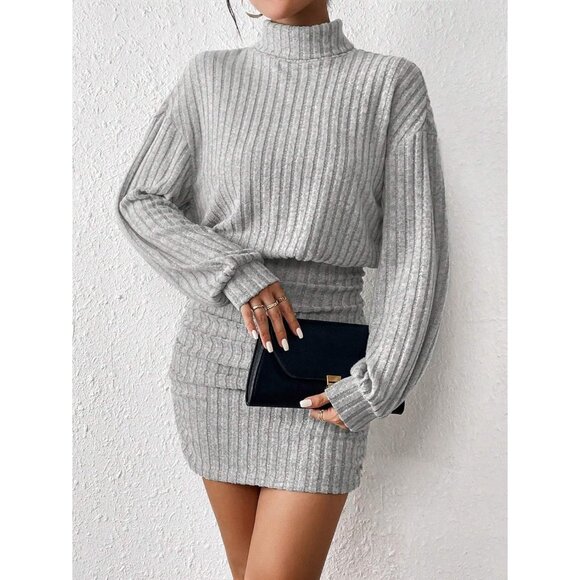 Women Light Gray Long Sleeve Turtle Neck Cute Ribbed Knit Pullover Sweater Dress - Picture 2 of 5